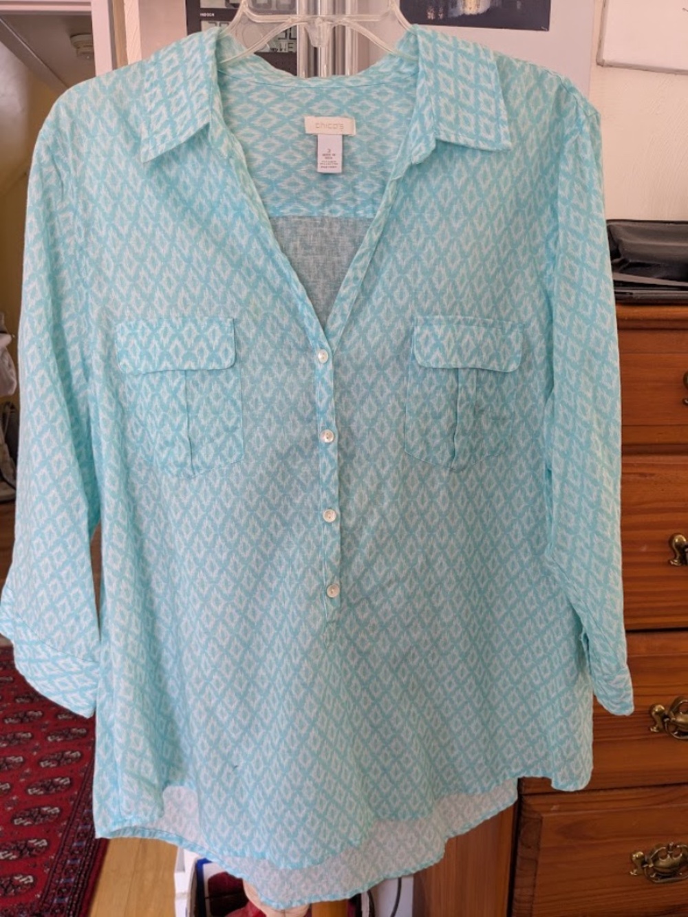 FINAL MARKDOWN! Chico's Linen-Cotton Blend Aqua Popover Blouse
